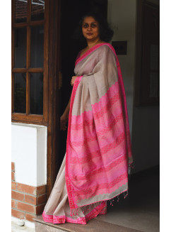 Beige, Handwoven Organic Cotton, Textured Weave , Jacquard, Work Wear, Striped Saree